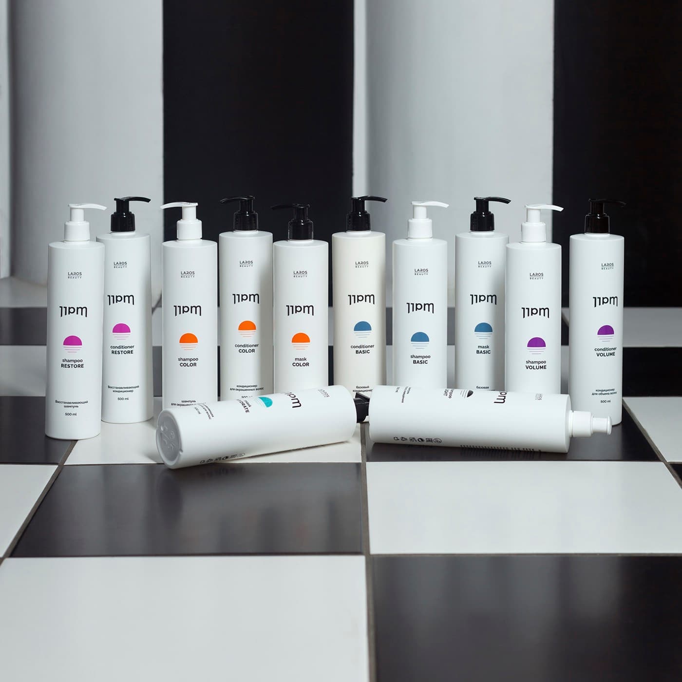Линейка Laros Beauty 11PM — белые флаконы на чёрно-белой плитке